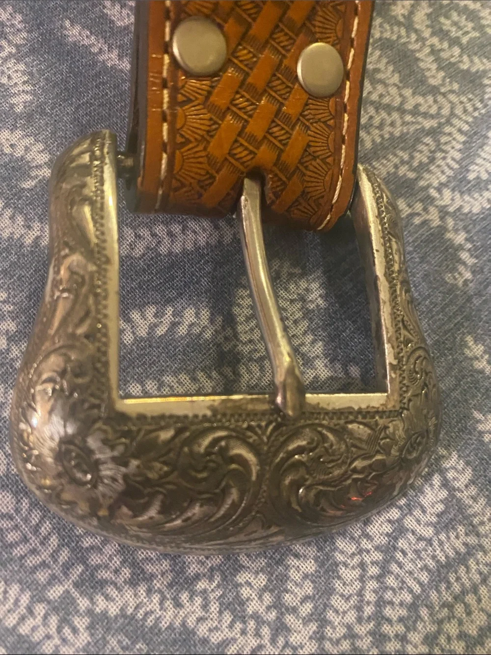 Nocona Hair On Hide Tooled Leather Belt Blue Rhinestone Boho Cowgirl Buckle Sz36